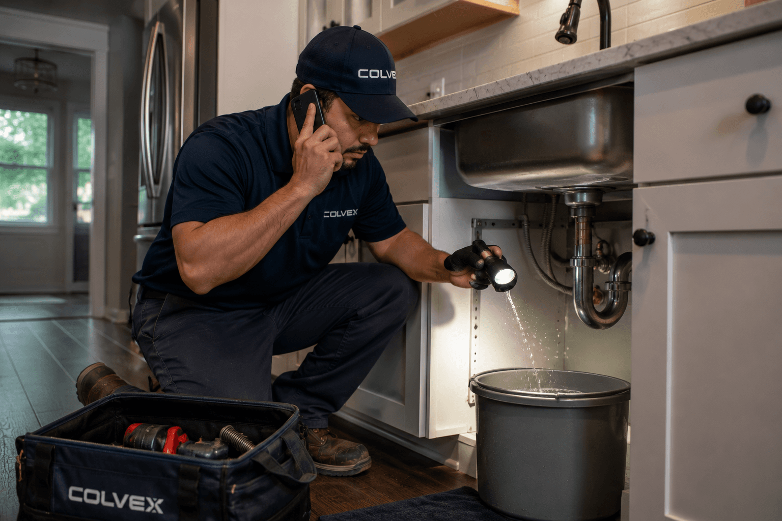 Colvex technician performing emergency plumber at a DFW home