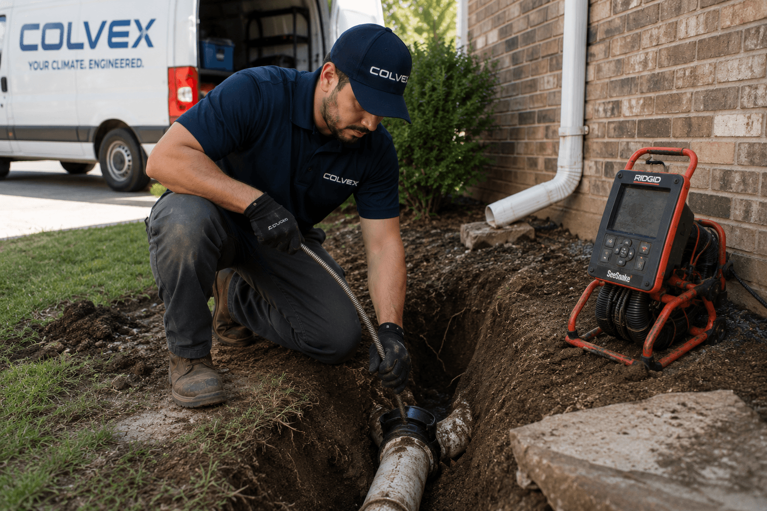 Colvex technician performing sewer line repair at a DFW home