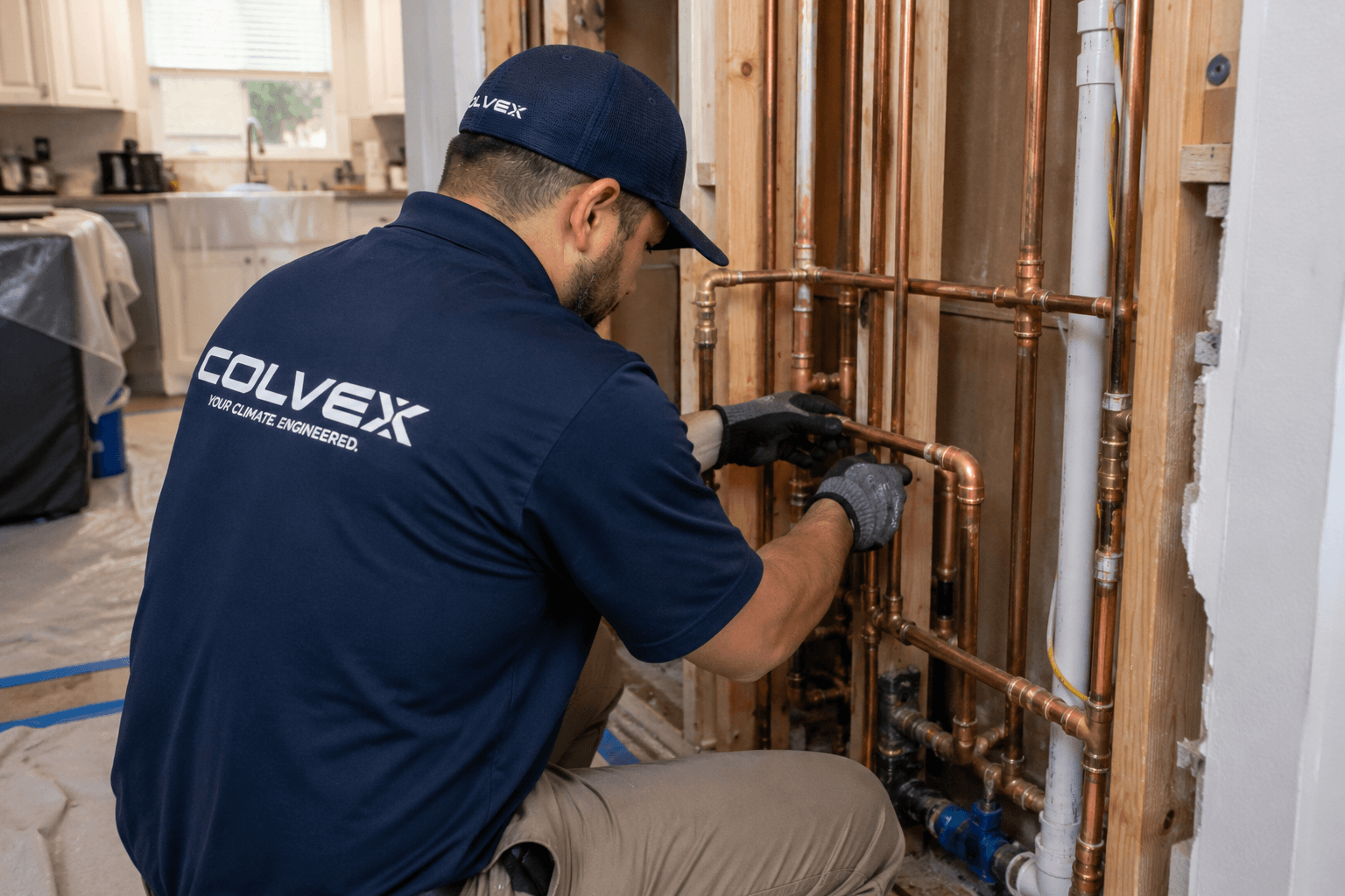 Colvex technician performing whole-home re-pipes at a DFW home