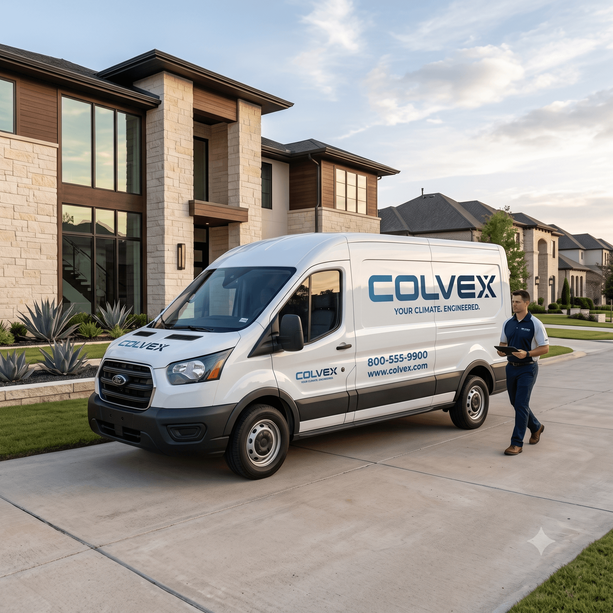 Branded Colvex service van at a modern DFW home's driveway