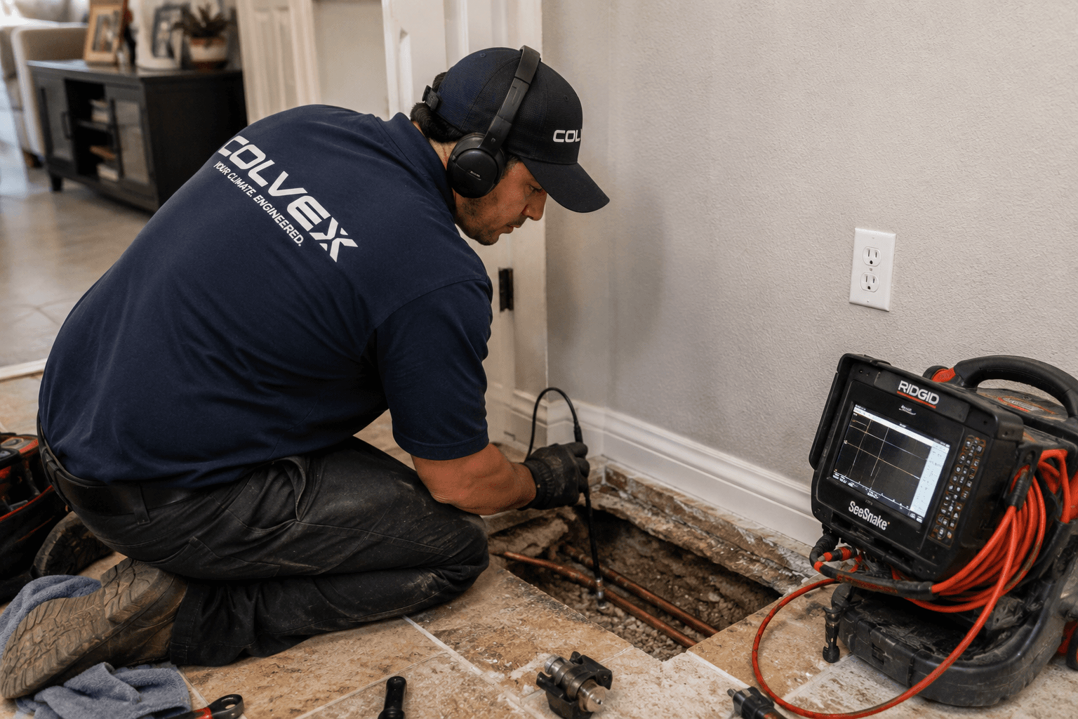Colvex technician performing slab leak repair at a DFW home